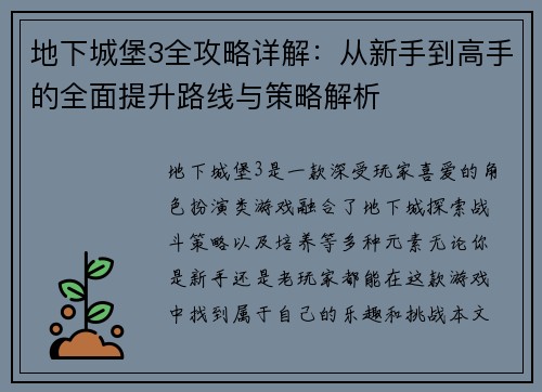 地下城堡3全攻略详解：从新手到高手的全面提升路线与策略解析